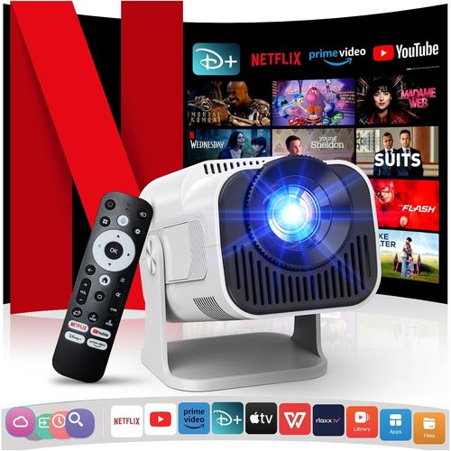 [Official Netflix/Dolby Audio] 4K Projector with Wifi and Bluetooth, 1080P Native Mini Portable Projector, One-Click Use Netflix/YouTube/PrimeVideo/D+ Built-in, Smart Home Outdoor Projector White