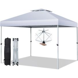 Costway Tonnelle De Jardin Pliante Pop-Up 305x305cm Hauteur Réglable Sac Transport À Roulettes,Toit Double Ventilé Anti Uv 50+ Blanc
