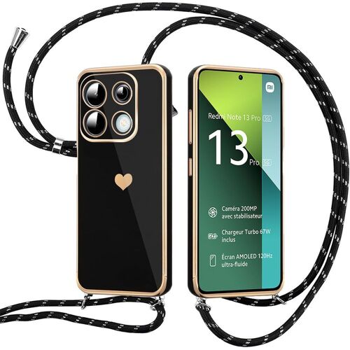 Coque Cordon pour Xiaomi Redmi Note 13 Pro 5G (pas pour 4G), Noir, Antichoc en TPU avec Cordon Ajustable - E.F.Connection