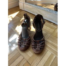 Sandales Tressé Talon Compensés Marron Et Lanière André Très Rouje Jeanne Damas / Braided Sandals With Brown Wedge Heel And Strap - 36