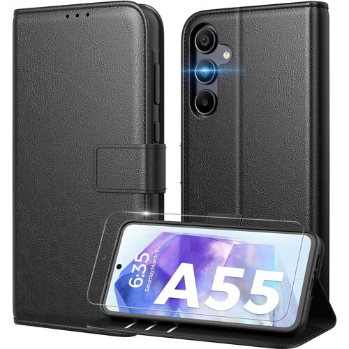 KALANKA-Coque pour Samsung Galaxy A55 5G [ Verre Trempé Protection *1 ] [ Blocage du Signal RFID ] [ Premium PU ] [ Pochette de Portefeuille ] Etui à Rabat pour Samsung A55 5G,Noir