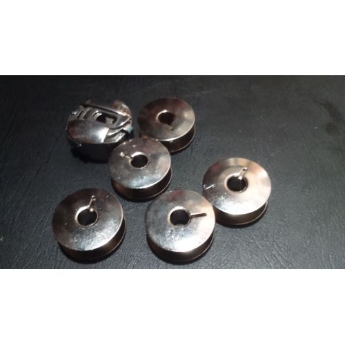 1 porte canette et 5 canettes bobines en métal pour machine à coudre