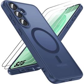 Coque Avec Cercle Magnétique Pour Samsung Galaxy S25 Avec 2 Verres Trempés, Protection Vitre Caméra Intégrée - Bleu Marine - E.F.Connection