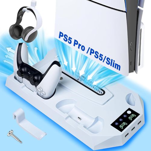 Support PS5/PS5 Pro avec Ventilateur de Refroidissement et Chargeur Manette PS5, Ventilateur PS5 avec Télécommande pour PS5/PS5 Pro/ps5 Slim Disc & Digital