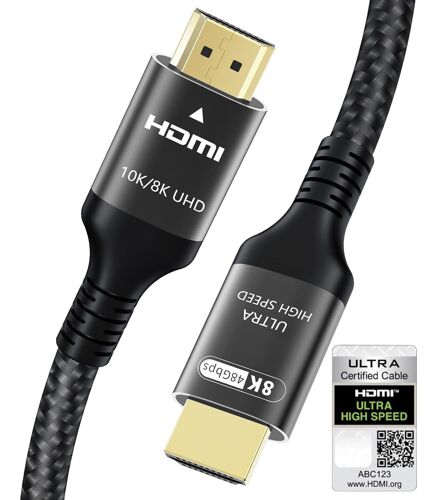 Câble HDMI 2.1 10K 8K 0.5M, Certifié 48Gbps Ultra Haut Débit HDMI Câble avec Ethernet 4K 240Hz 165Hz 144Hz 120Hz 8K 60Hz eARC HDCP2.3 HDR10+ PC Projecteur TV Moniteur PS5