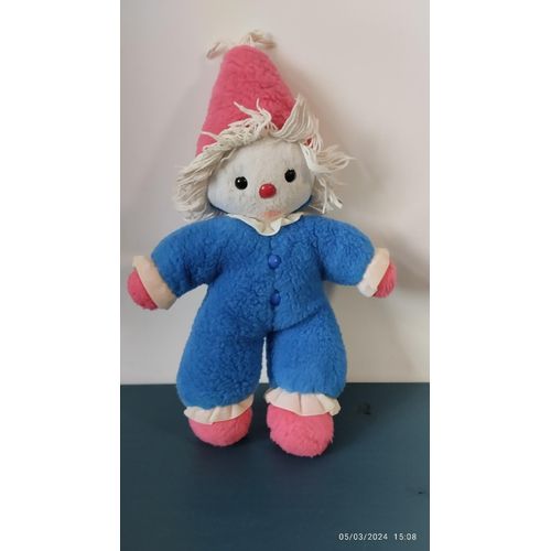 Vintage Doudou Peluche Clown Bleu-Blanc Et Rouge