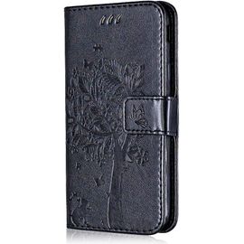 Coque Pour Samsung Galaxy J7 2015, Etui En Cuir Pu Portefeuille, Antichoc Flip Case Housse Retro Emboss Serie De Chat Et Darbre Pour Samsung Galaxy J7 2015 - Noir