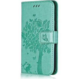 Coque Pour Samsung Galaxy Core Prime, Etui En Cuir Pu Portefeuille, Antichoc Flip Case Housse Rétro Emboss Série De Chat Et D'arbre Pour Samsung Galaxy Core Prime - Vert