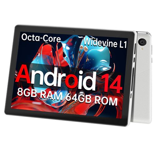 Tablette 10 pouces Android 14, Tablette Octa-Core avec 8 Go de RAM + 64 Go de ROM (1 To TF), caméra avant 5 MP et caméra arrière 8 MP, 5000 mAh Type C