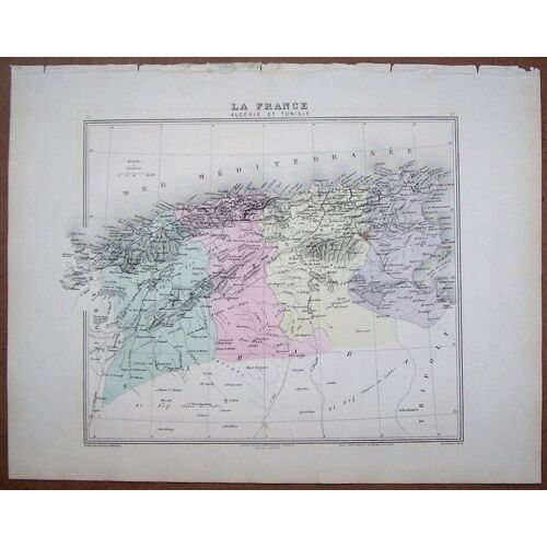 Gravure Carte Algérie Tunisie . Atlas Migeon 1886 .