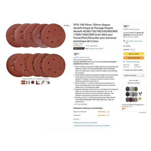 Pièces 150mm disques abrasifs Disque de Ponçage Disques Abrasifs 40/80/120/180/320/600/800/1000/1500/2000 Grain Idéal pour Poncer/Polir/Dérouiller pour ponceuse excentrique de 6 trous