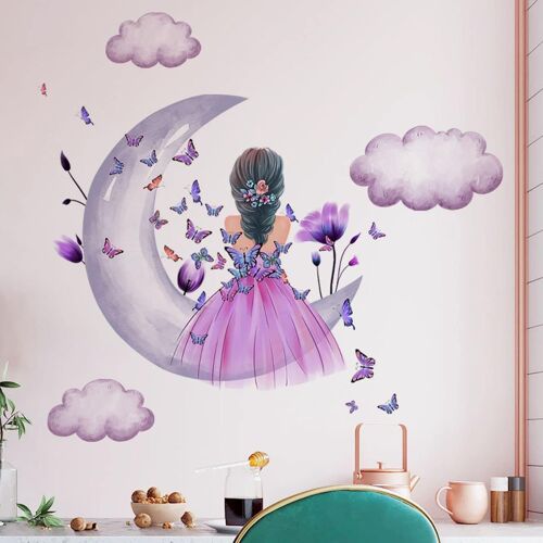 Autocollants muraux papillons, lune, nuages, fleurs, fée, décoration murale florale rose, papillons colorés, décoration murale amovible à faire soi-même pour chambre de bébé, salle de jeux