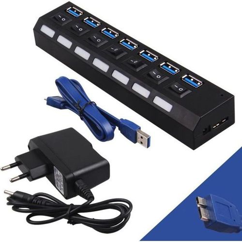 USB 3.0 Hub 7 ports Adaptateur+interrupteur+Alimentation Superspeed USB Câble