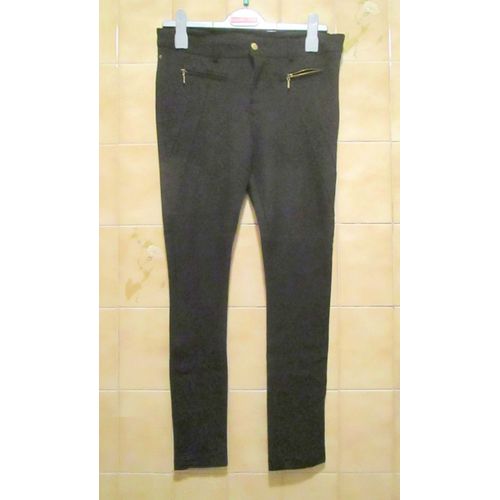 Pantalon Noir Type Skinny, Fermetures Eclair Dorées, Poches, Zara, T. 38