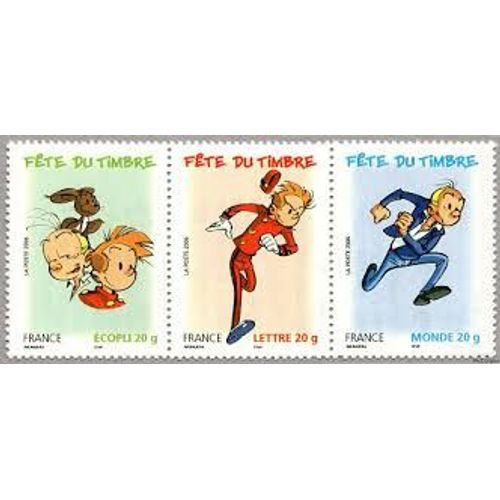 Fête Du Timbre : Bnde Dessinée Spirou : Le Triptyque 3877a Avec Tous Les Personnages Année 2006 N° 3877 3878 3879 Yvert Et Tellier Luxe