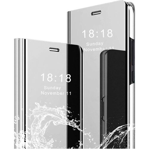 KAL-Mlotech Coque Pour Samsung Galaxy S24 Ultra Housse Étui+ Verre Trempé Flip Clear View Translucide Miroir Cover Standing 360° Antichoc Smart Cover Bumper Argent