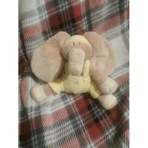 Doudou Éléphant Grandes Oreilles Archibald Beige Assis Salopette Jaune Billes Bengy
