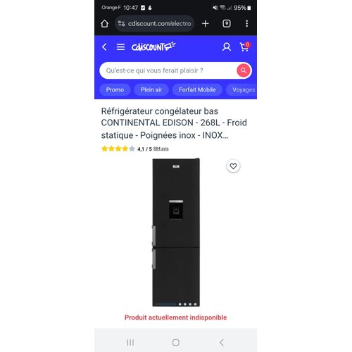 Réfrigérateur / congélateur noir 1m70 avec distributeur eau
