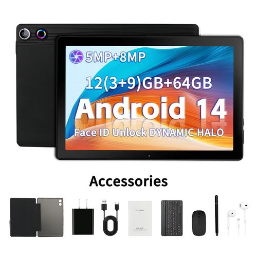 Tablette 10" 8 en 1 Kit Android 14 Tablette PC avec Étui Clavier Souris Stylo Casque Prise d'alimentation Câble Octa-Core 10 Go RAM 64 Go ROM 1 To TF Extensible 1280 x 800 IPS Écran Tactile 5000mAh (Noir)