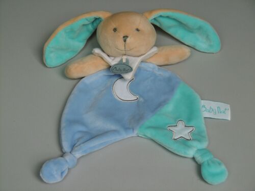 Doudou lapin plat bleu beige étoile lune Luminescent Babynat Baby Nat