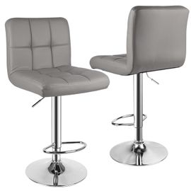 Chaises De Bar, Lot De 2, Tabourets Hauts, Hauteur Réglable, Revêtement En Pu, Rotatif Sur 360°, Avec Dossier Et Repose-Pieds, Pied Chromé, Gris