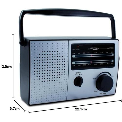 Caliber Radio Portable FM Vintage sur Piles ou Secteur ¿ Poste de Radio avec Prise Casque, Antenne Télescopique, Poignée et Design Rétro pour Maison, Cuisine, Camping et Déplacements