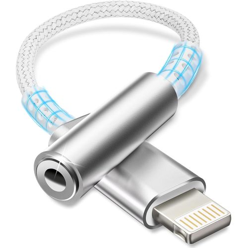 ERSAN-Adaptateur Lightning Jack 3,5 mm [Certifié MFi] Compatible avec iPhone 14/13/12/11/X/8/Pad/iOS, Blanc Argenté
