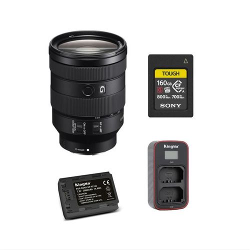 SONY FE 24-105 mm F4 G OSS Objectif + carte mémoire Sony CFexpress Type A TOUGH 160 Go + batterie Kingma 2000 mAh (Sony NP-FZ100) + chargeur double USB LCD Kingma ¿Sony NP-FZ100¿