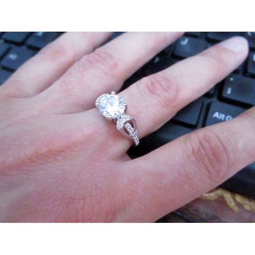 Bague Argent, Anneau Sculpté Avec Boucle De Strass, Pierre Cristal Blanc Ovale, T. 59 - Bien Lire
