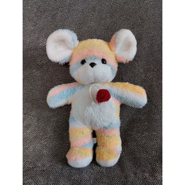 Peluche Souris Multicolore Pompon Rouge - Nounours - Doudou Ours Arc En Ciel Vintage
