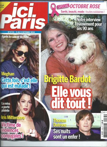 Ici Paris 02/10/2024 Brigitte Bardot, Thomas Dutronc, Iris Mittenaere, Nicolas Bedos, Noémie Merlant, Johnny Hallyday, Pascal Obispo, Patrick Paroux, Anne Richard, Julien Doré, Jane Birkin, Indochine