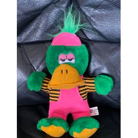 Peluche Doudou Canard Vert Rose Fluo T-Shirt Rayé Orange Et Noir Sandy Vintage 23cm
