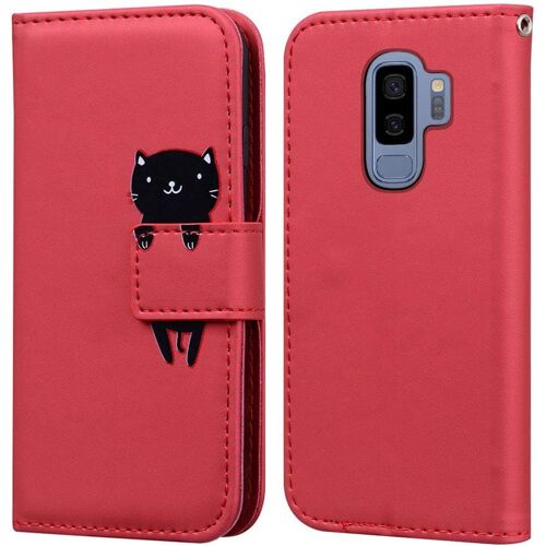 Coque Pour Samsung Galaxy S9+/S9 Plus, Mignon Cartoon Animal Chat Etui Portefeuille En Cuir Pu Housse Avec Fonction Stand, Fermeture Magnetique, Emplacements De Cartes -Rouge Fonce