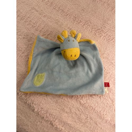 Doudou Peluche Girafe Plat Tex Bleu Et Jaune