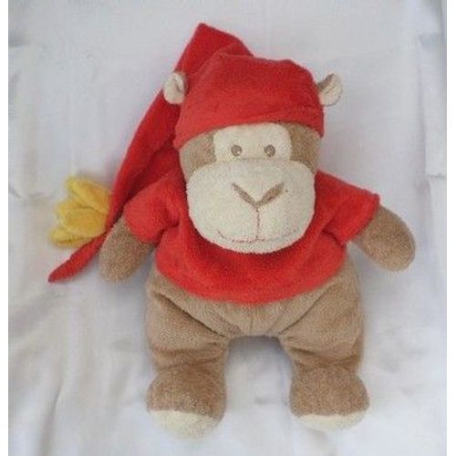 Doudou Peluche Singe Marron Beige Ecru Fleur Jaune Ajena