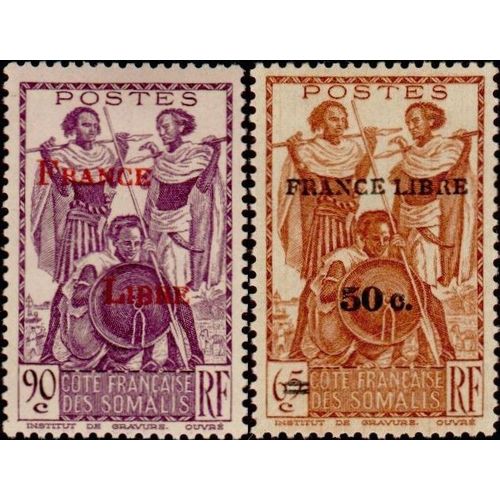 Cote Des Somalis (Actuel Djibouti), Colonie Française 1942, Très Beaux Timbres Neufs** Luxe Yvert 220 Et 233, Guerriers, Surchargés "France Libre" Et Nouvelle Valeur Pour Le 233.