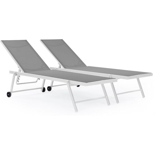 Lot De 2 Bains De Soleil Textilène Aluminium 'jolia' - Gris / Blanc