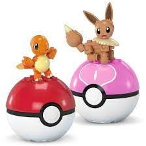 Mega Pokemon - Coffret 2 Poké Balls - Salamèche Et Evoli - Ensemble De Construction 2 Figurines Articulées - 40 Pièces