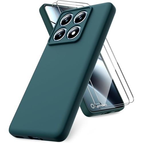 Coque Compatible Avec Xiaomi 14t Pro,2 Film De Protection En Verre Trempé,Housse Souple En Tpu En Silicone Liquide,Housse En Caoutchouc Antichoc - Vert Nuit(Q543)