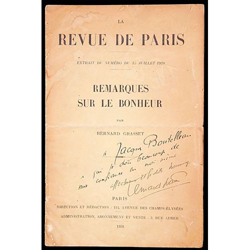 Remarques Sur Le Bonheur De Bernard Grasset // Avec Un Envoi À Jacques Chardonne