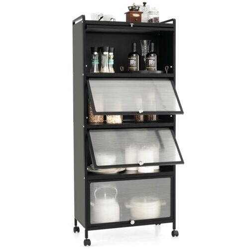 Étagère de Cuisine 5 Niveaux avec 4 Portes PC Escamotables - COSTWAY - Noir - Métal - 60 x 32 x 154 cm