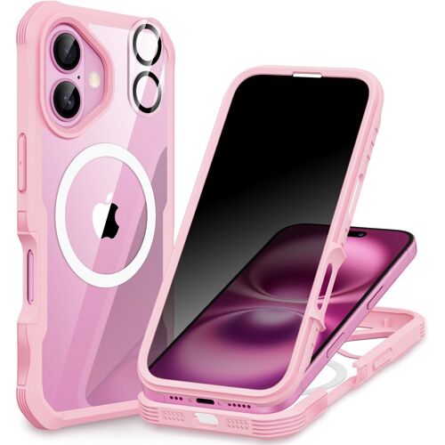 CAUC-Magnétique Anti Espion Coque iPhone 16, Compatible avec MagSafe intégré Verre Trempé Protection écran et Protecteur Caméra, Antichoc Téléphone Housse Double Face Case Intégrale Etui -Rose