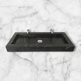 Plan Double Vasque En Béton Noir Effet Marbre Blanc 120x47x7 , Fabriqué Artisanalement En France Par Gakeal
