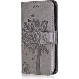 Coque Pour Samsung Galaxy Core Prime, Etui En Cuir Pu Portefeuille, Antichoc Flip Case Housse Rétro Emboss Série De Chat Et D'arbre Pour Samsung Galaxy Core Prime - Gris