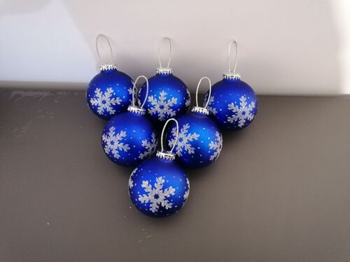 NOEL - Lot de 6 boules bleues avec dessins flocons de neige