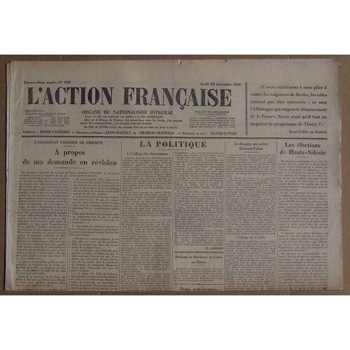L' Action Française N° 322 . Jeudi 18 Novembre 1926 .
