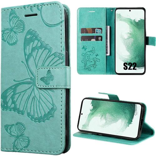Coque Pour Samsung Galaxy S22, Effet Cuir Vert Fermeture Magnétique Motif Papillon - Booling