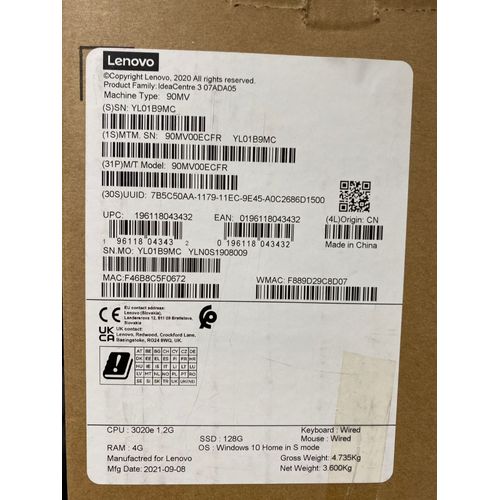 LENOVO IDEACENTRE 3 07ADA05 6 AMD 3000 Séries - Ram 32 Go - SSD 128 Go
