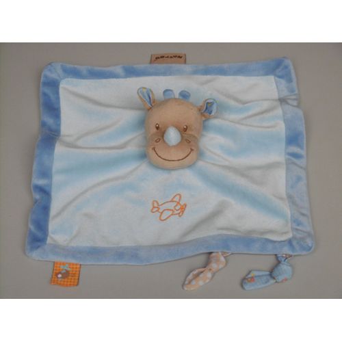 Doudou Rhinocéros Plat Beige Bleu Avion Orange Nattou