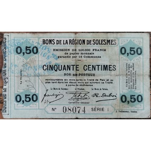 Billet 50 Centimes Bons De La Région De Solesmes - N°08074